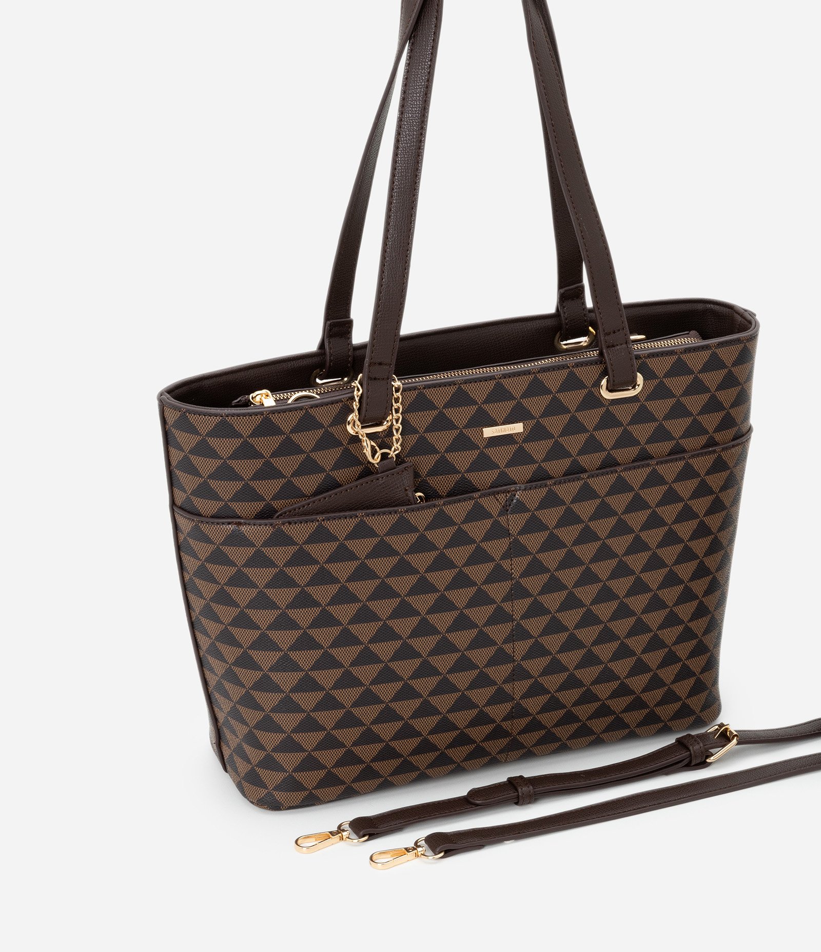 Bolsa Shooper com Carteira e Estampa Triângulo Marrom/Preto 9