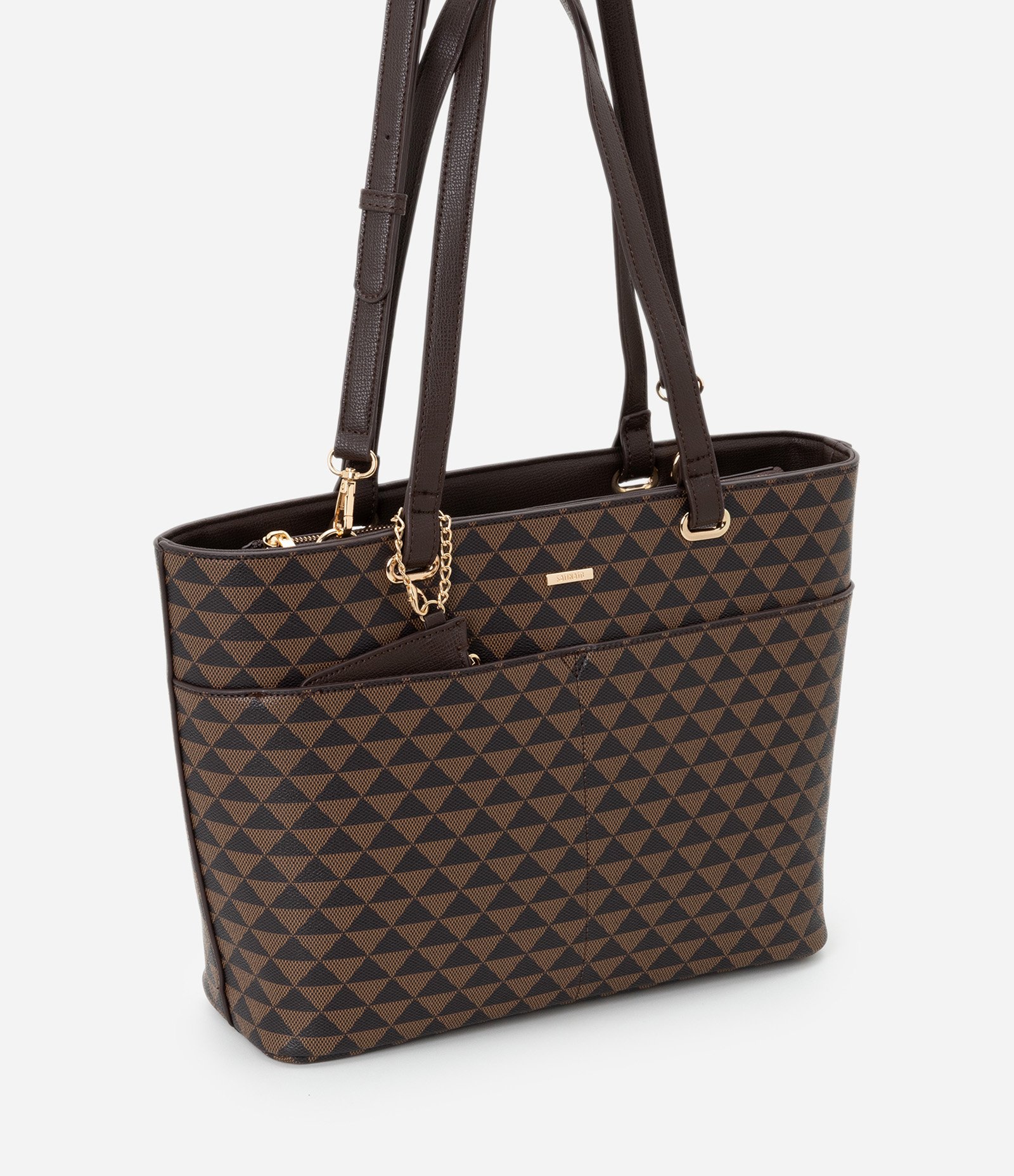 Bolsa Shooper com Carteira e Estampa Triângulo Marrom/Preto 1