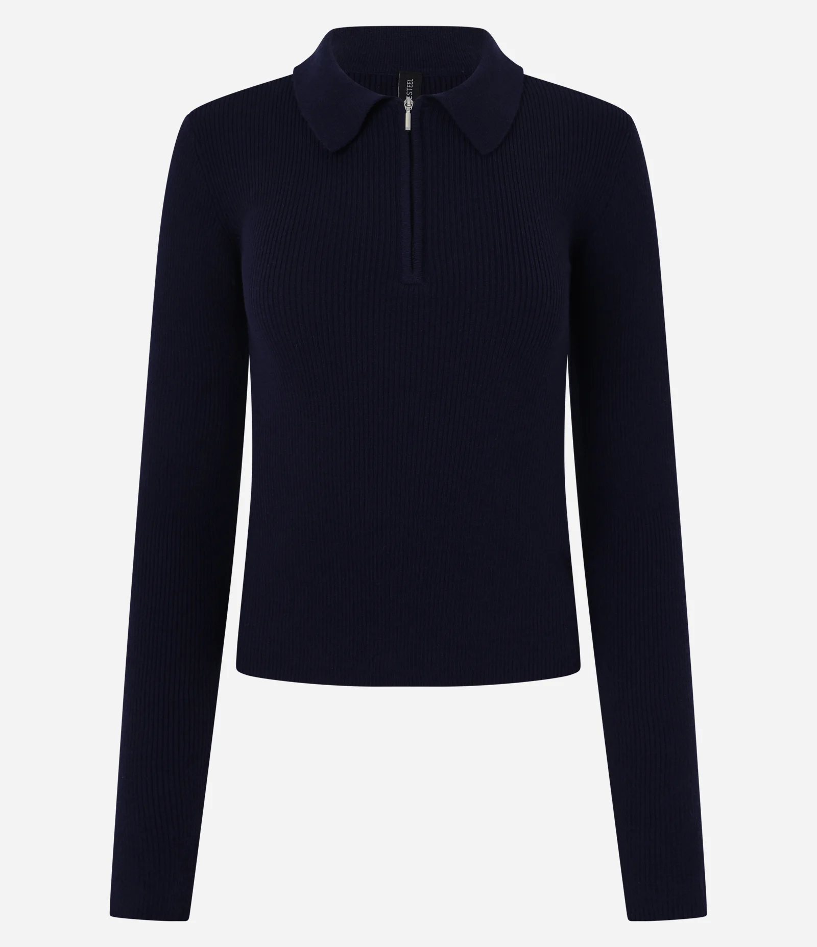 Blusa em Viscose em EfeitoTricô com Gola Polo e Zíper Azul Escuro 1