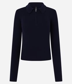 Blusa em Viscose em EfeitoTricô com Gola Polo e Zíper