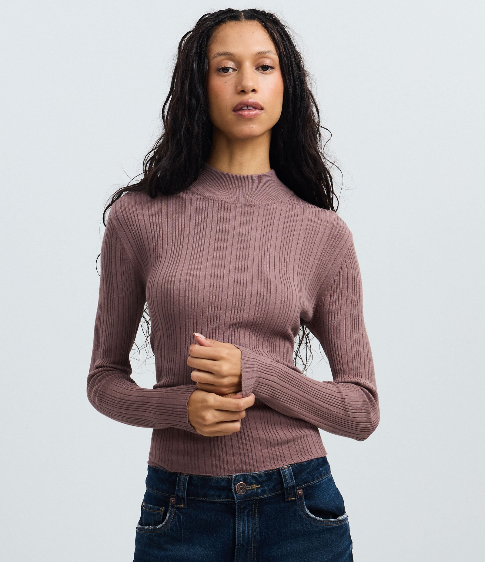 Blusa Retilínea Tricô com Gola Alta Adulto Marrom Claro 1