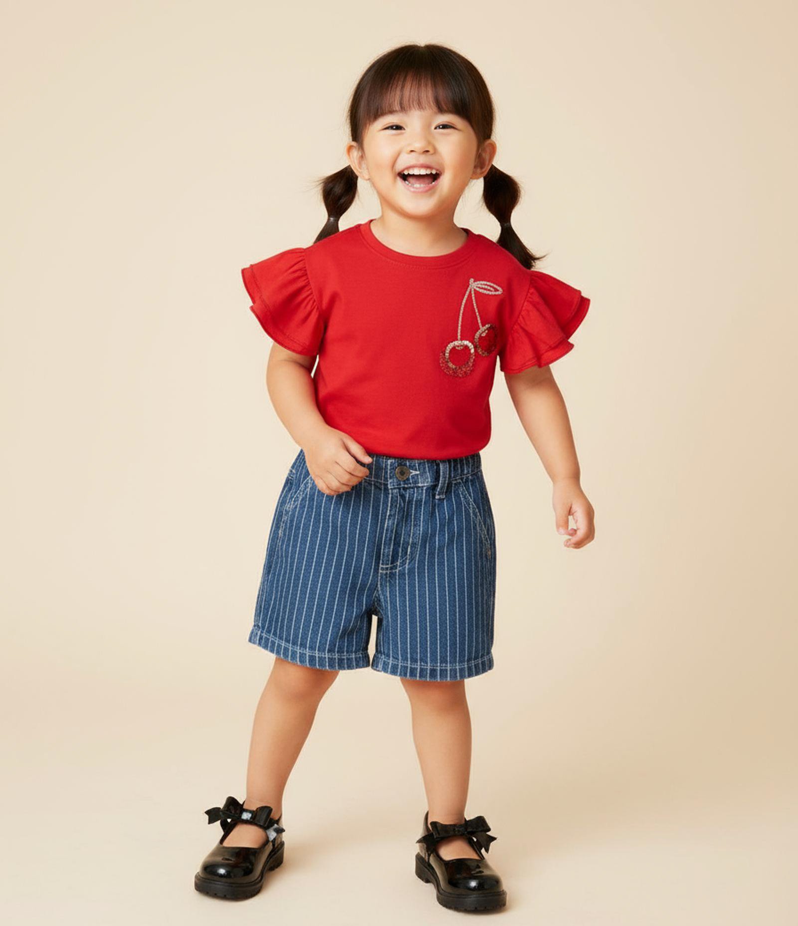Blusa Infantil com Babadinhos e Cereja de Paetê - Tam 1 a 6 Anos Vermelho 1