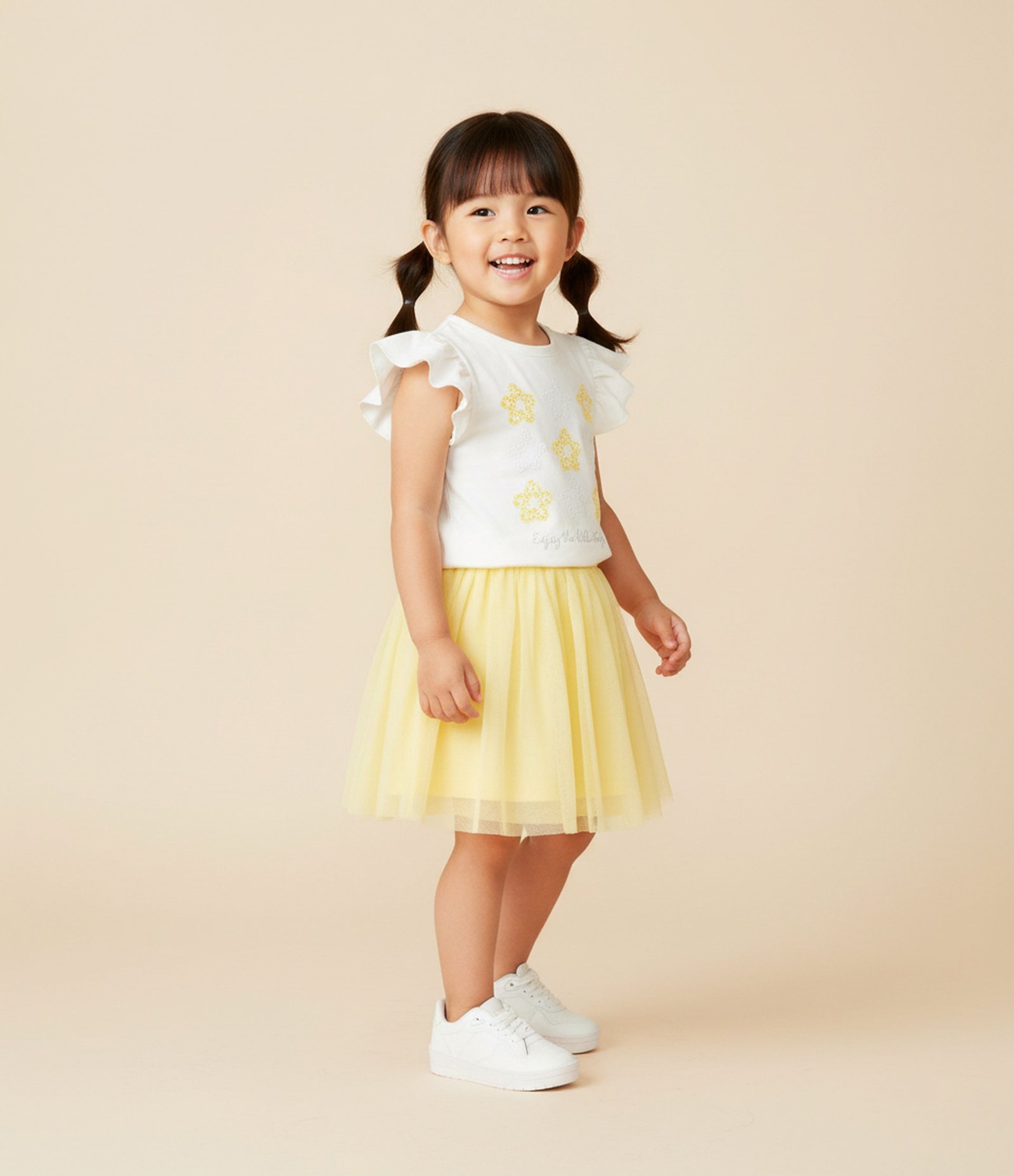 Conjunto Infantil com Flores de Paetês - Tam 1 a 6 Anos Branco/Amarelo 1