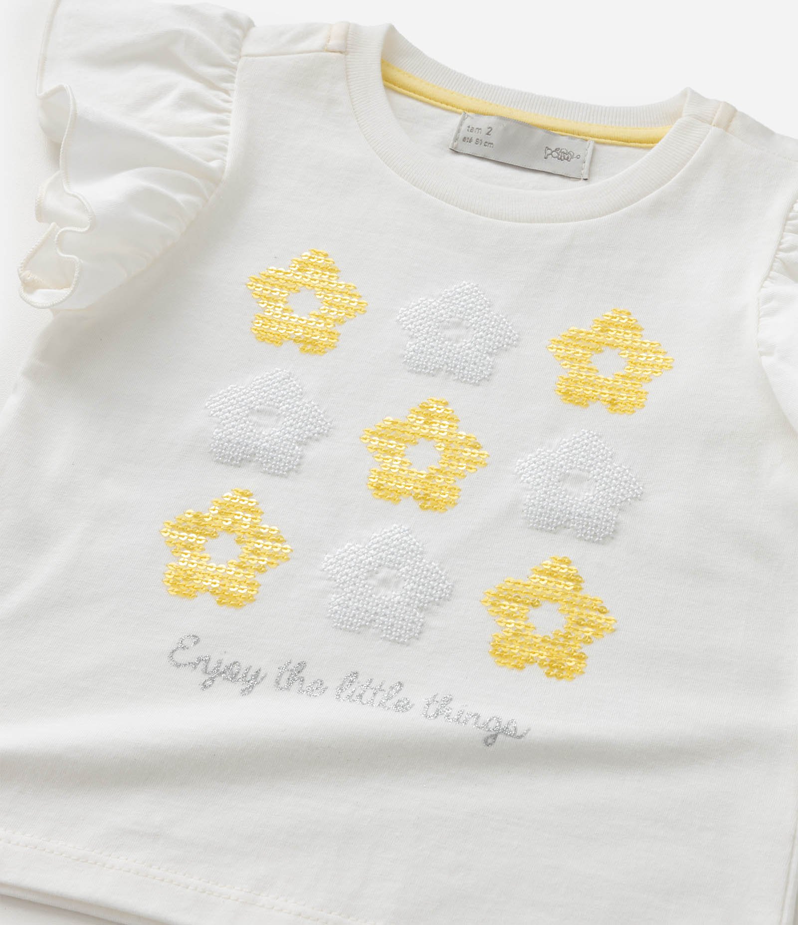 Conjunto Infantil com Flores de Paetês - Tam 1 a 6 Anos Branco/Amarelo 11