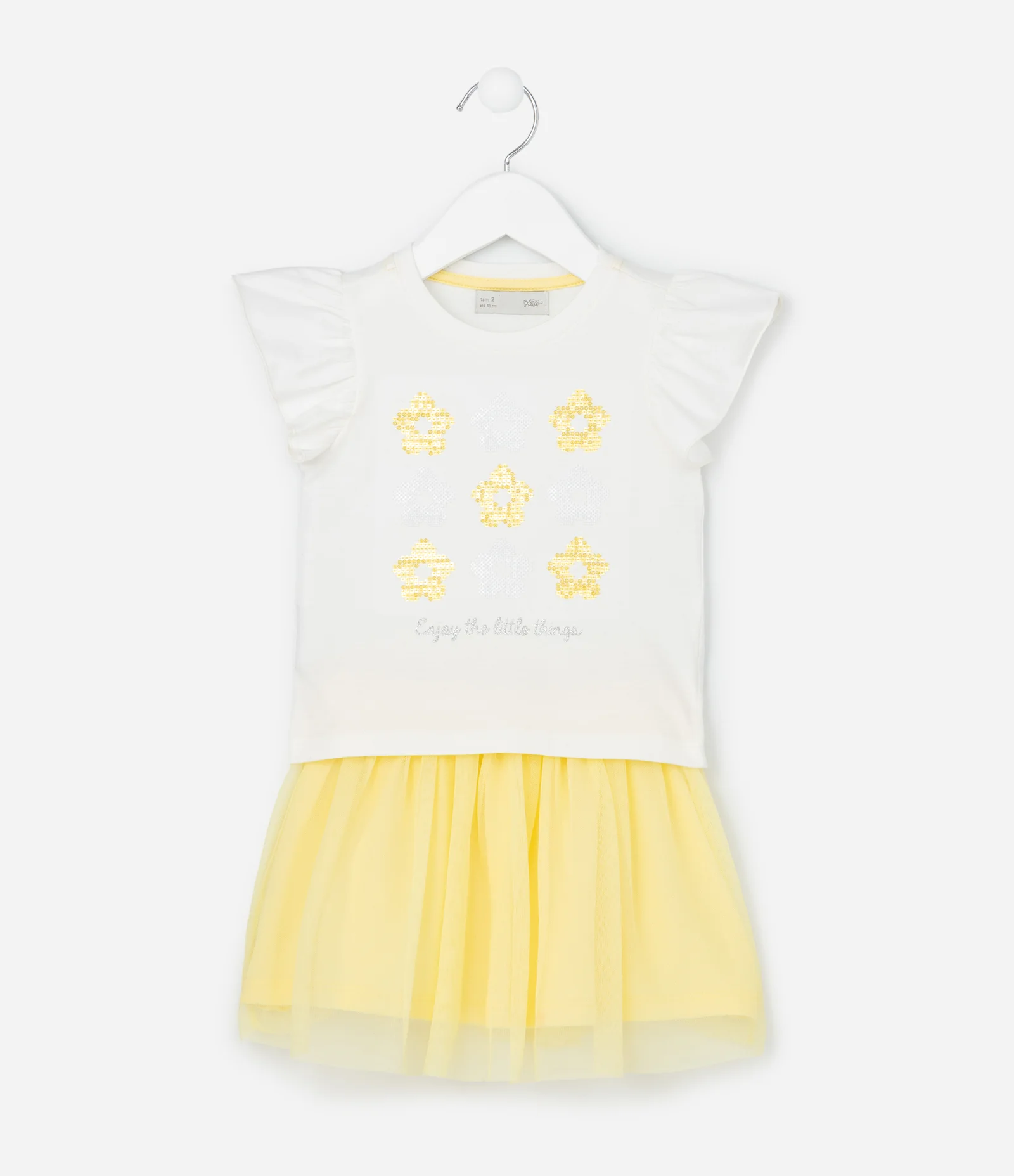 Conjunto Infantil com Flores de Paetês - Tam 1 a 6 Anos Branco/Amarelo 1