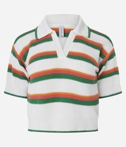 Blusa Polo Regular em Tricô com Estampa de Listras