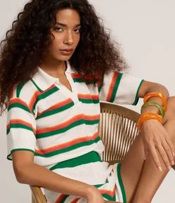 Blusa Polo Regular em Tricô com Estampa de Listras