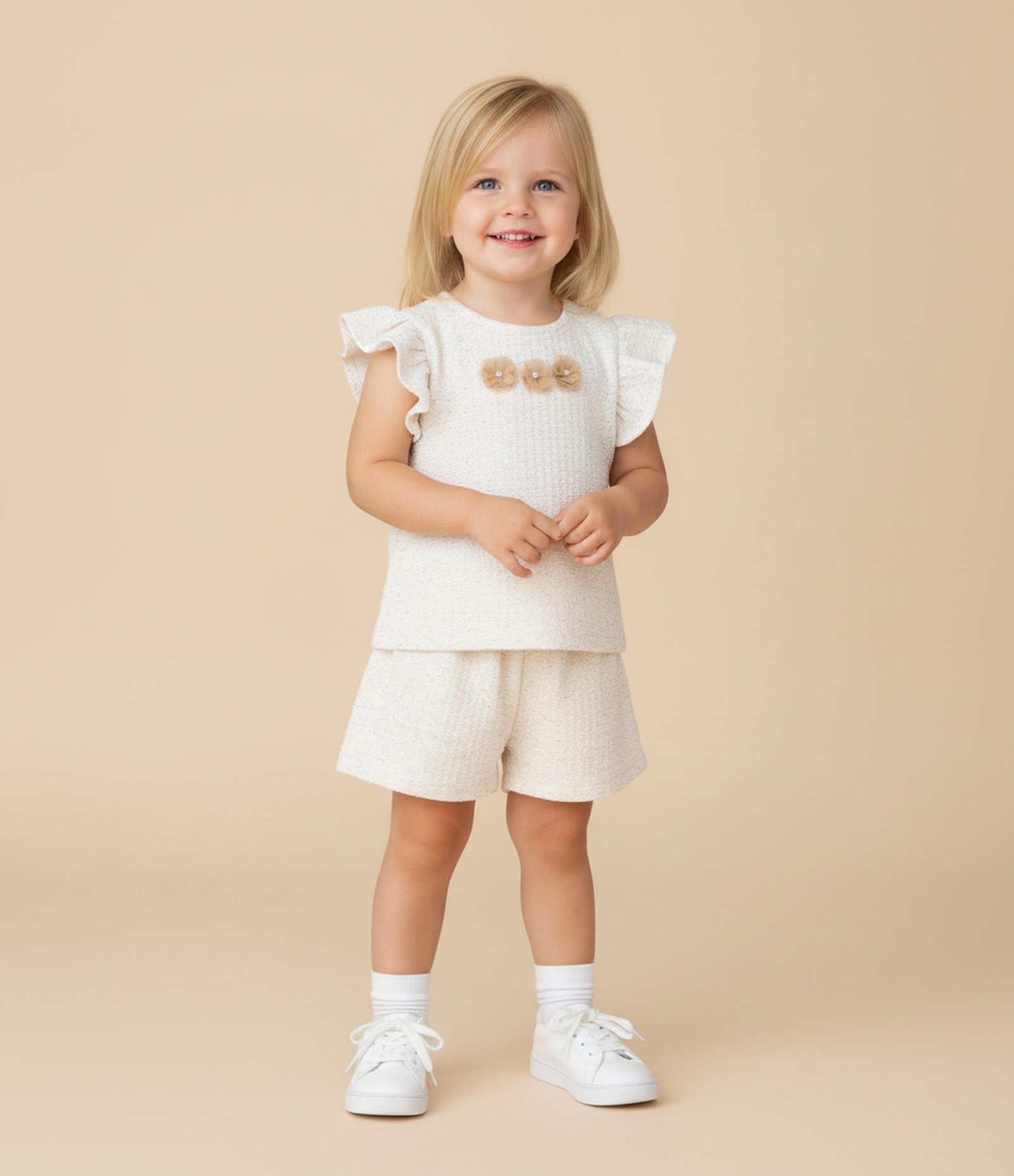 Conjunto Infantil com Flores Texturizada - Tam 1 a 6 Anos Bege 1
