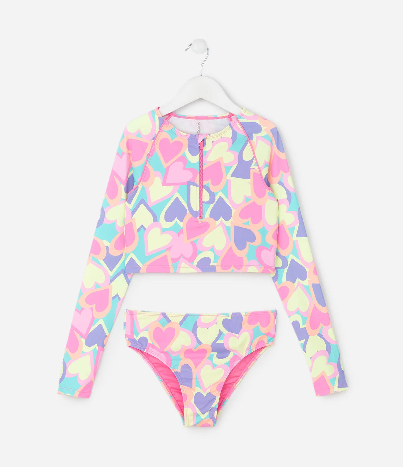 Conjunto Infantil UV com Blusa e Calcinha de Biquíni com Estampa Coração – Tam 5 a 14 Anos Rosa 1