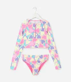 Conjunto Infantil UV com Blusa e Calcinha de Biquíni com Estampa Coração – Tam 5 a 14 Anos