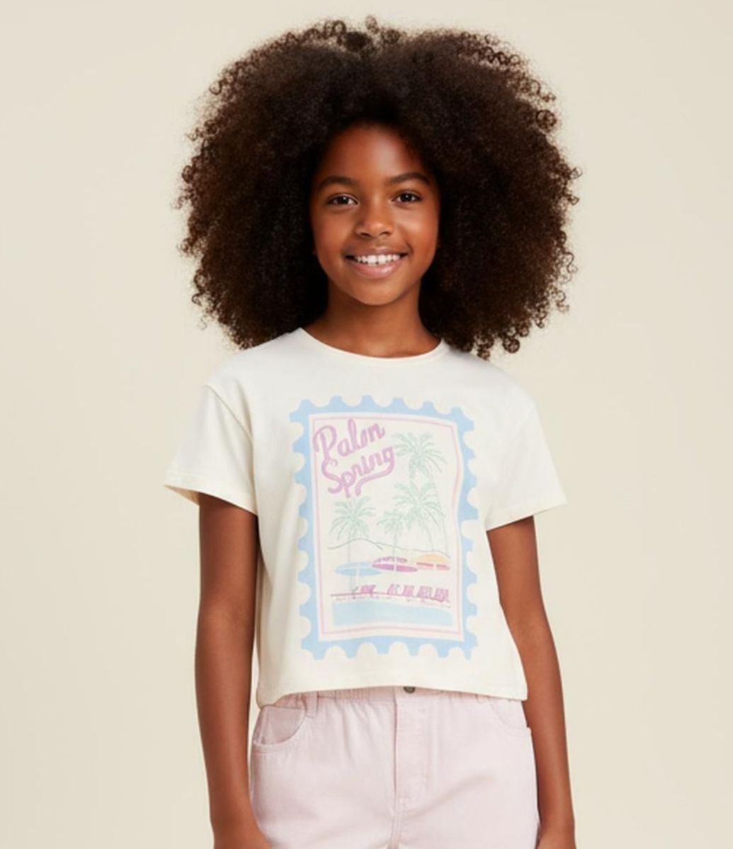 Camiseta Infantil com Estampa Palm Spring - Tam 5 a 14 anos Off White