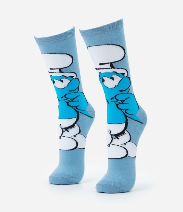Meia Cano Alto em Algodão com Estampa de Smurfs