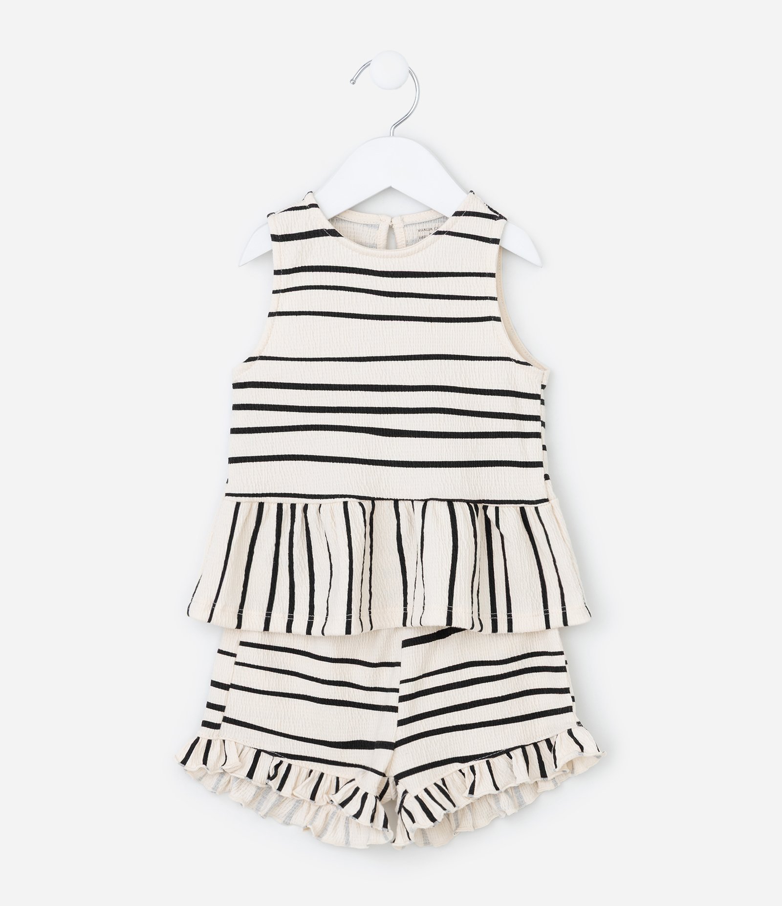 Conjunto Infantil em Anarruga com Estampa de Listras e Babadinhos - Tam 1 a 6 Anos Bege/Preto 1