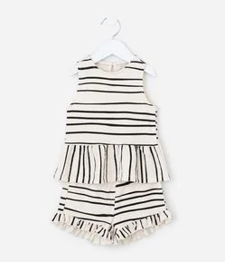 Conjunto Infantil em Anarruga com Estampa de Listras e Babadinhos - Tam 1 a 6 Anos