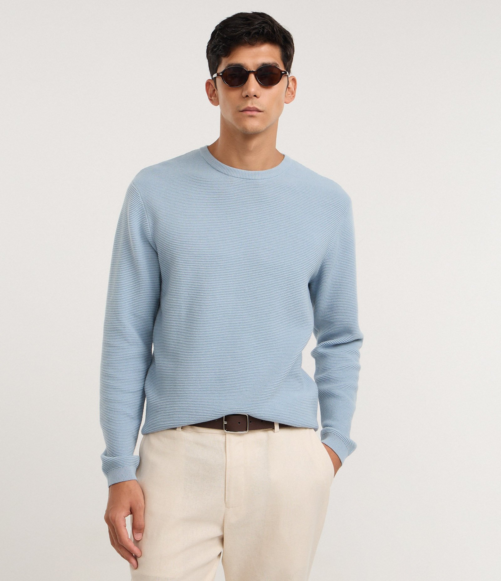 Suéter Comfort em Tricô com Texturizado Azul Bebê 1