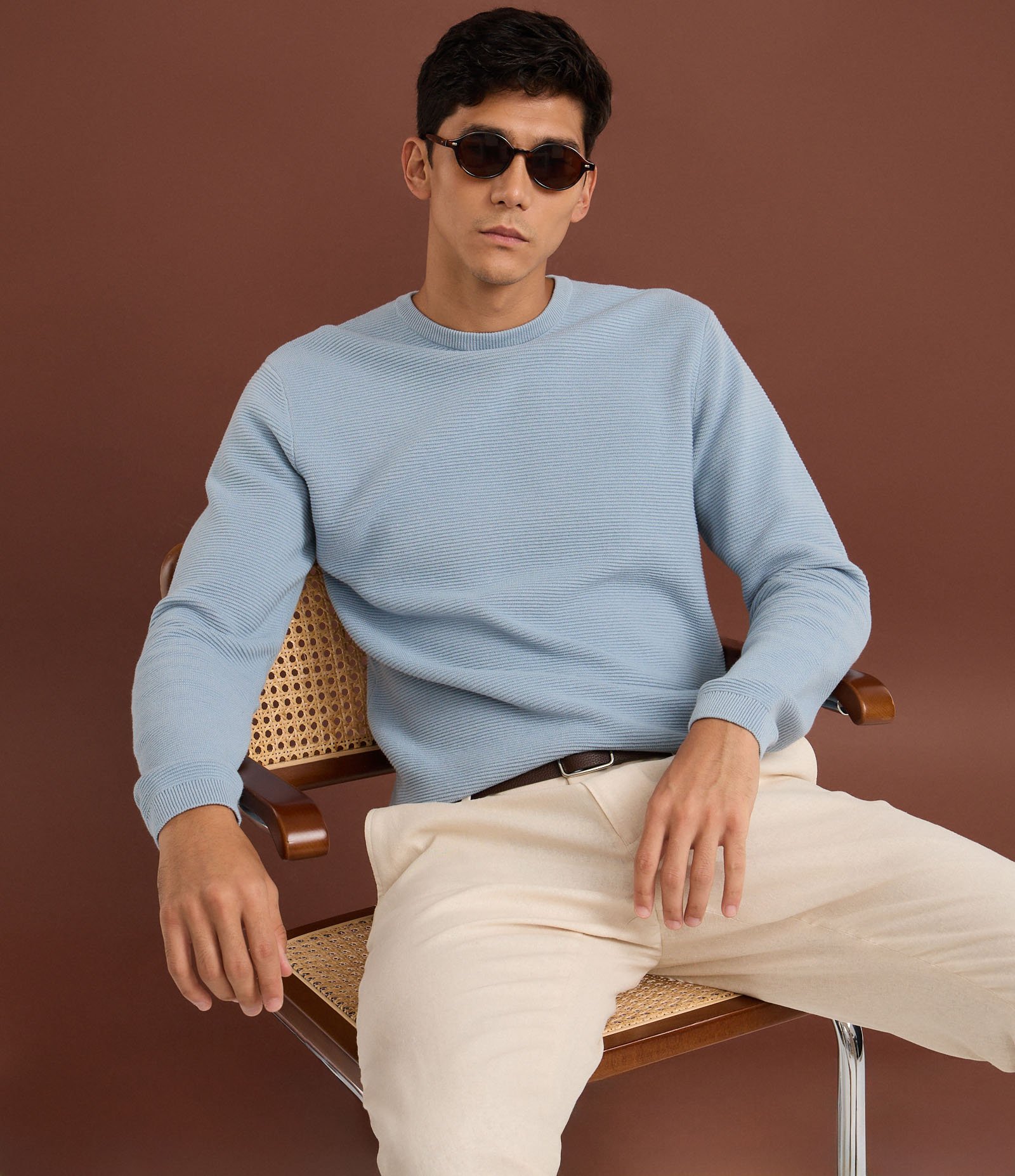 Suéter Comfort em Tricô com Texturizado Azul Bebê 4