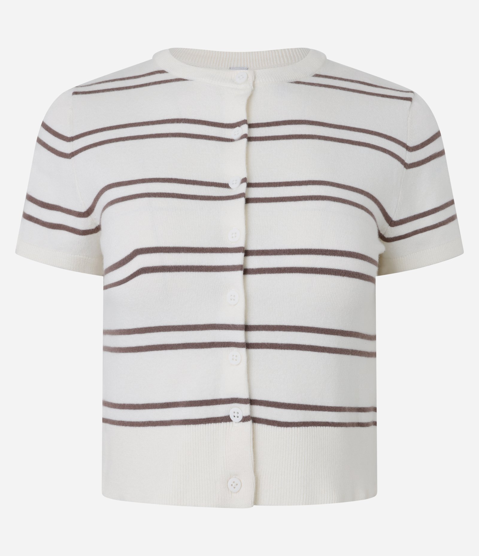 Blusa em Tricô com Abotoamento e Estampa de Listras Branco/Marrom 1