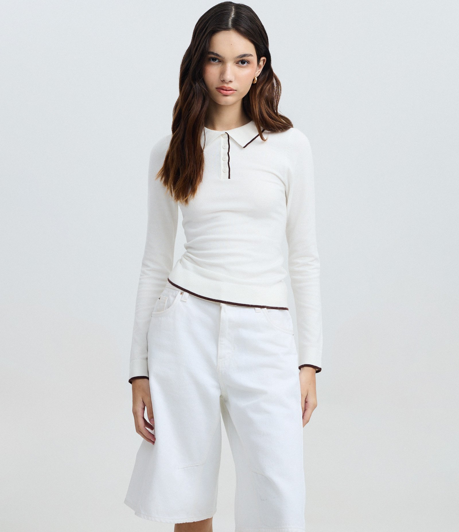 Blusa em Tricô com Gola Polo e Detalhe Contrastante Off White 1