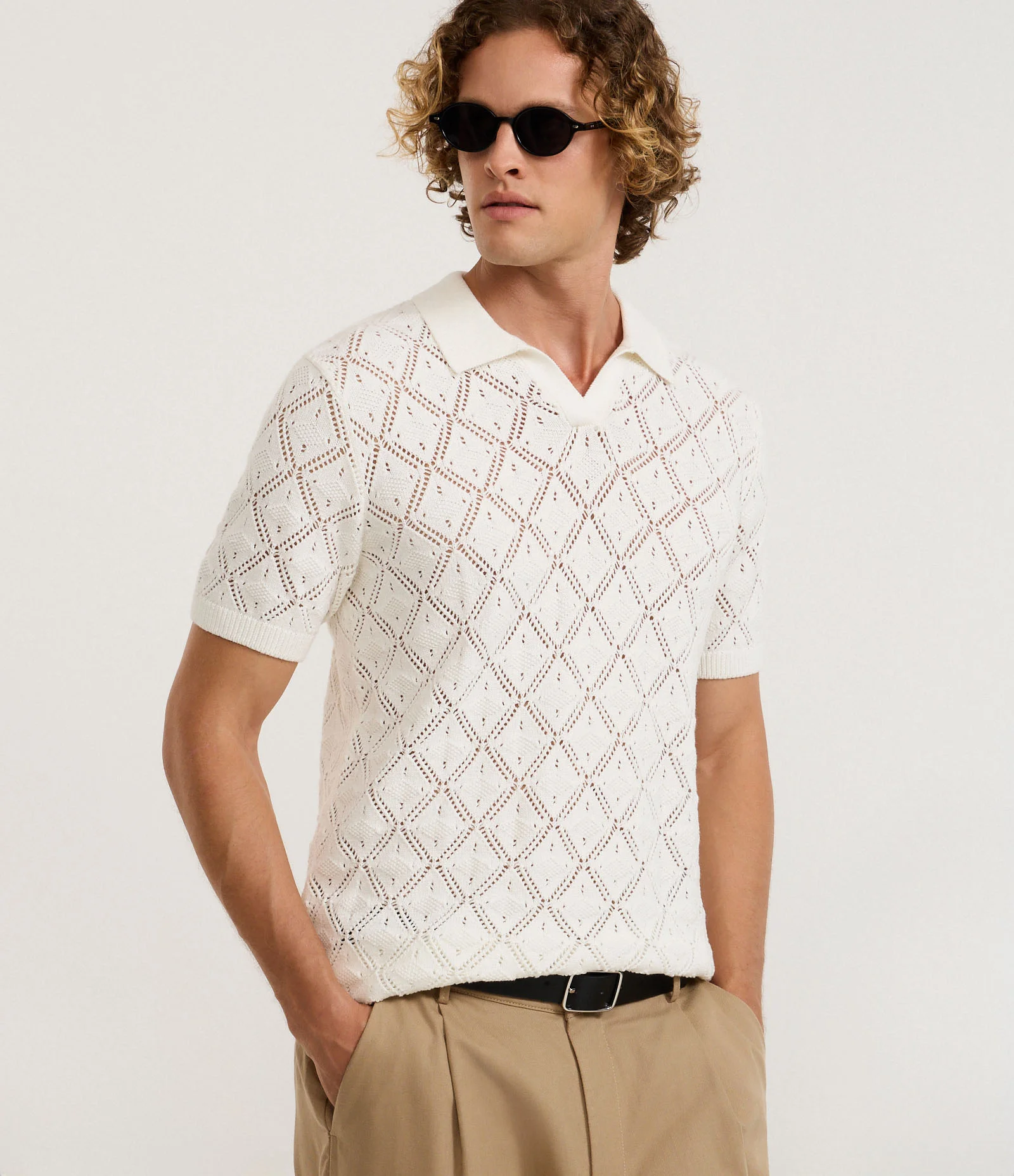 Camisa Polo com Efeito Crochê e Textura em Losango Off White 1