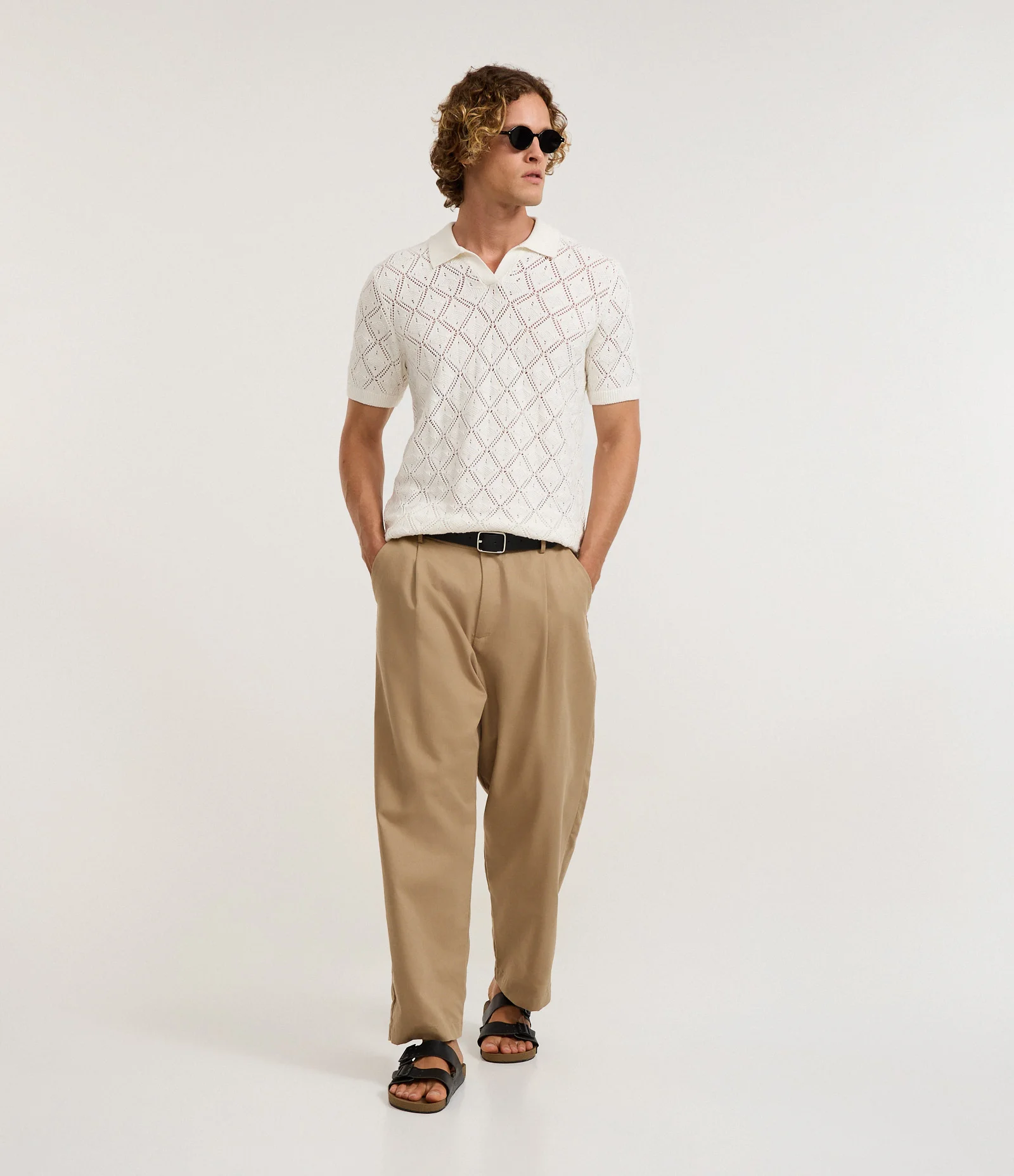 Camisa Polo com Efeito Crochê e Textura em Losango Off White 2