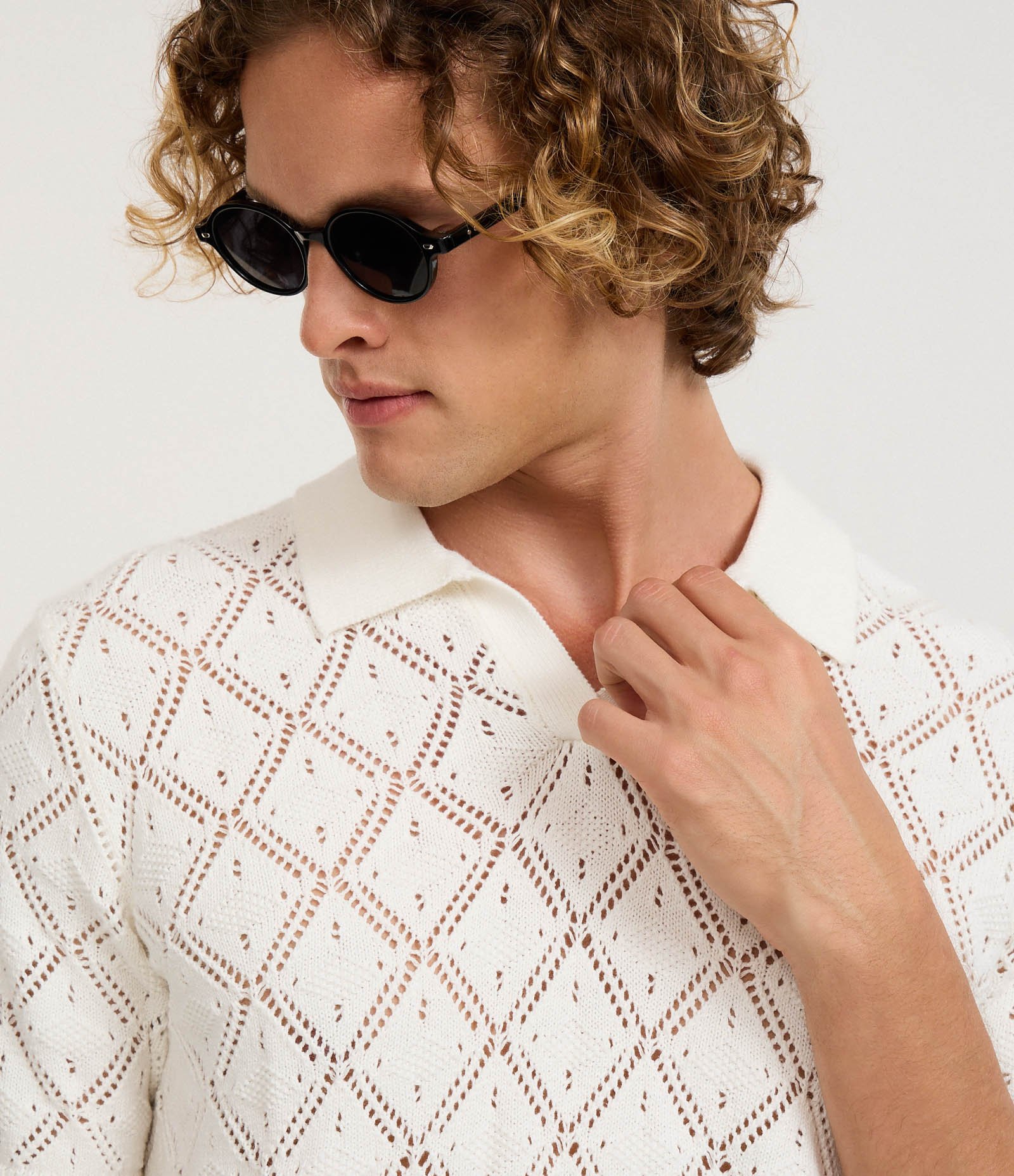 Camisa Polo com Efeito Crochê e Textura em Losango Off White 3