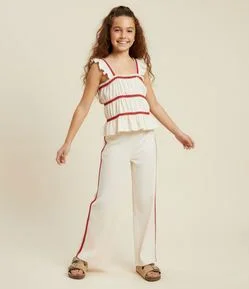 Calça Infantil Wide Leg em Anarruga com Aplicação de Sianinha - Tam 7 a 14 Anos