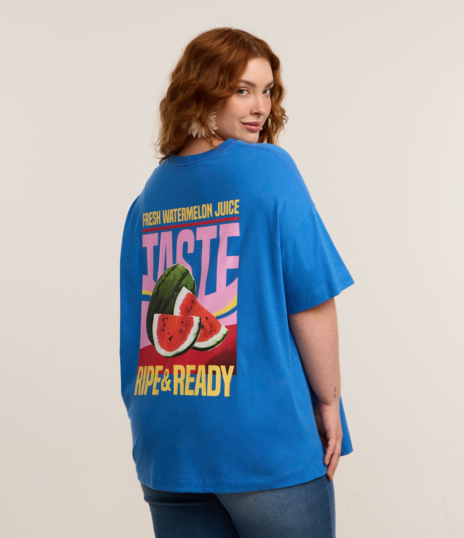 Camiseta Oversized em Algodão com Estampa Frente e Costas de Melancia Curve & Plus Size Azul 1