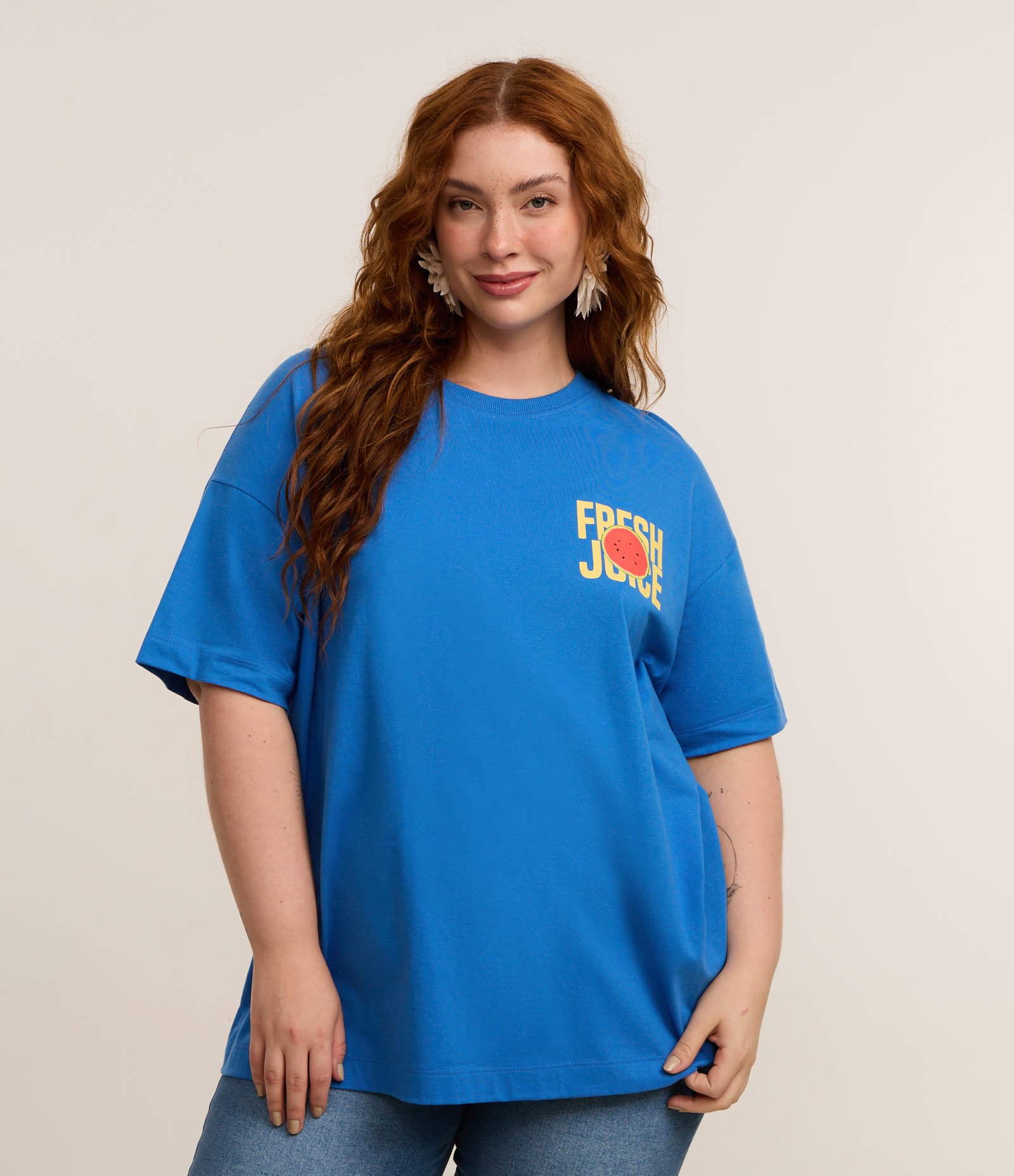 Camiseta Oversized em Algodão com Estampa Frente e Costas de Melancia Curve & Plus Size Azul 2