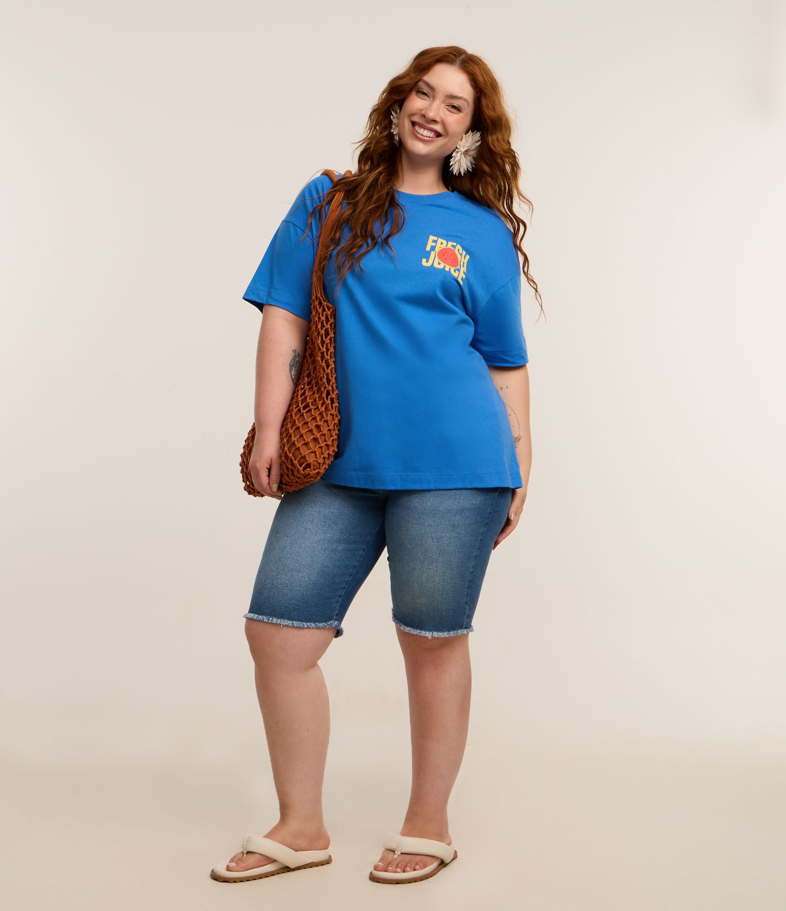 Camiseta Oversized em Algodão com Estampa Frente e Costas de Melancia Curve & Plus Size Azul 3