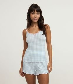 Pijama Short Doll em Viscolycra com Estampa Xadrez Vichy e Barra Frufru