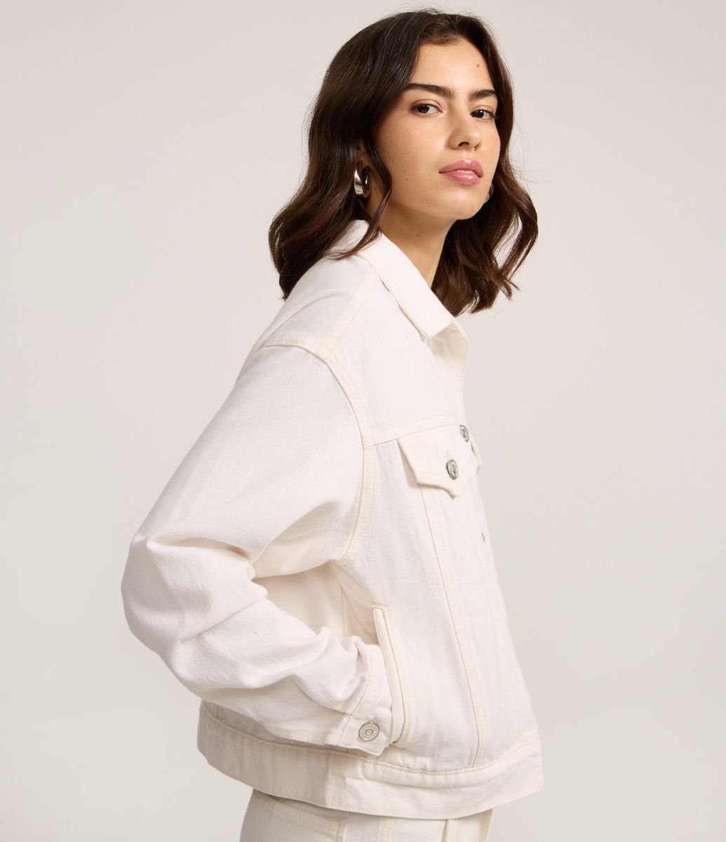 Jaqueta Trucker em Sarja com Lapelas nos Bolsos Off White