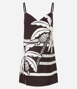 Vestido Curto Evasê em Linho com  Decote V e Estampa Coqueiro