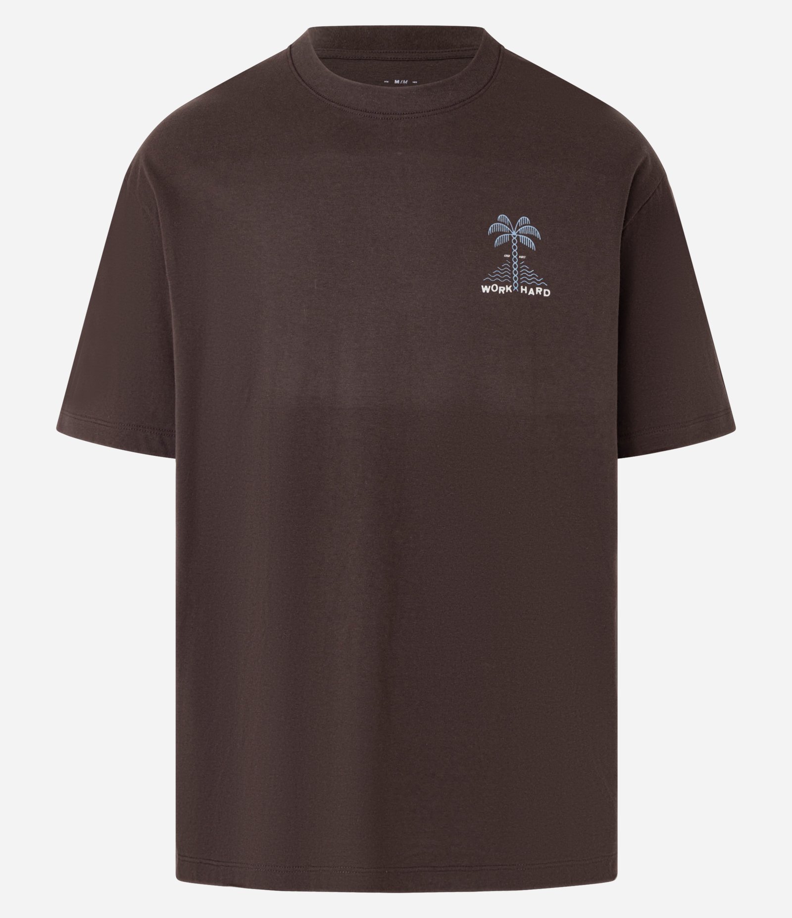 Camiseta Relaxed em Algodão com Estampa de Coqueiro e Lettering Work Hard Marrom 7