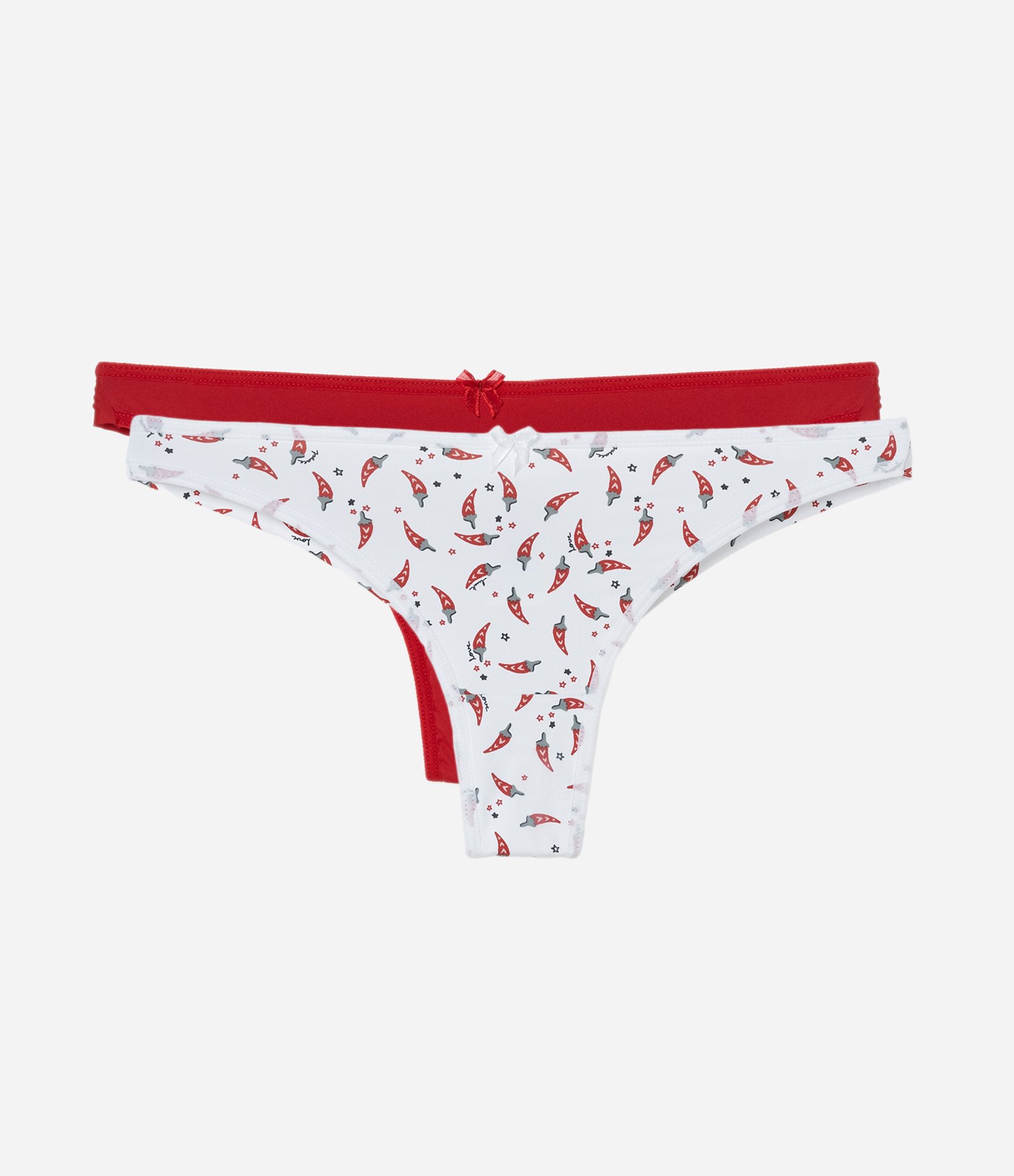 Kit 02 Calcinhas Biquíni Fio Duplo em Microfibra Lisa e Estampa Pimentinhas Vermelho/Branco 1