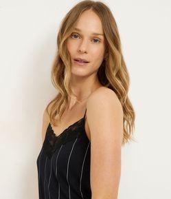 Camisola Curta em Viscolycra Listrada com Alcinhas e Renda Contrastante