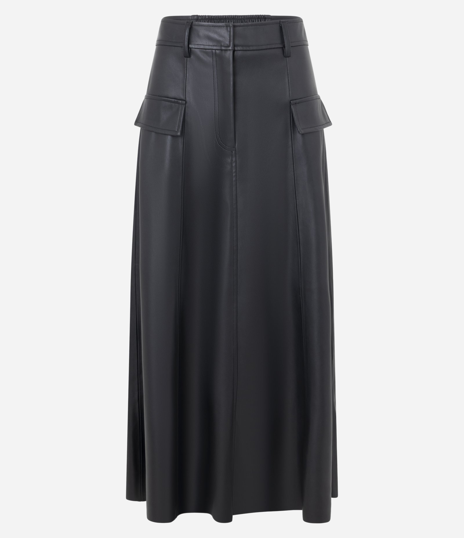 Saia Evasê Midi em PU com Passantes e Lapelas Frontais Preto 5