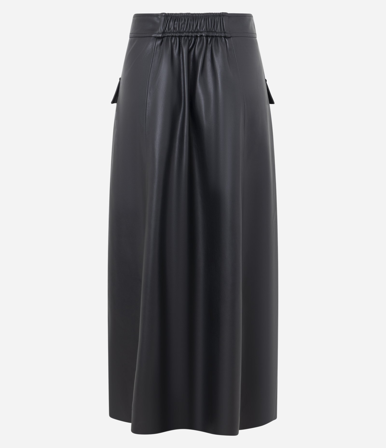 Saia Evasê Midi em PU com Passantes e Lapelas Frontais Preto 6