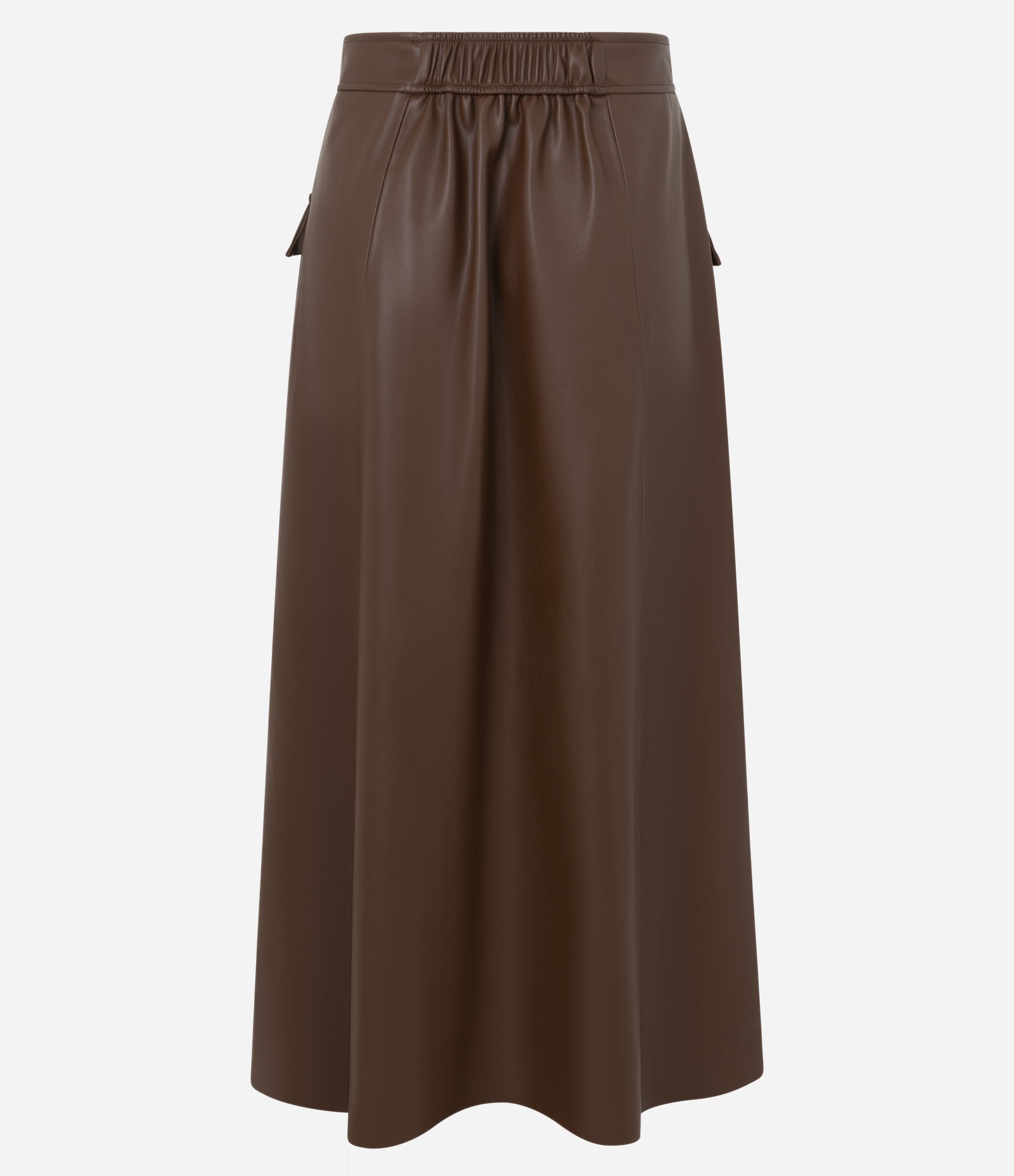 Saia Evasê Midi em PU com Passantes e Lapelas Frontais Marrom 6