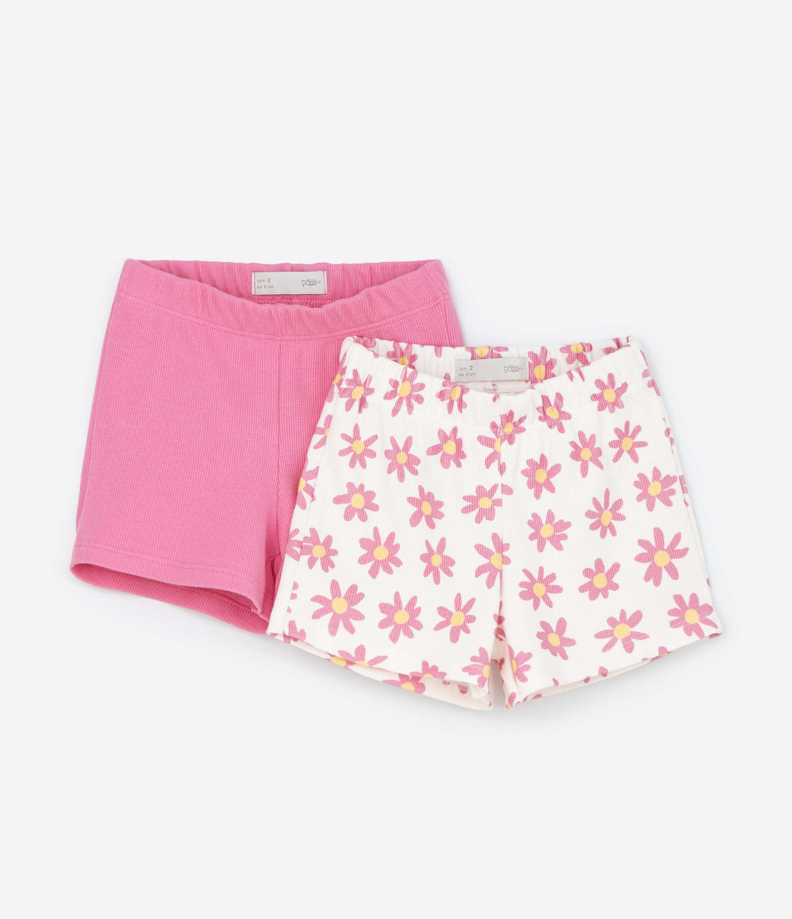 Kit Dois Shorts Infantil Em Ribana Floral E Liso - Tam 1 A 5/6 Branco/Rosa 1