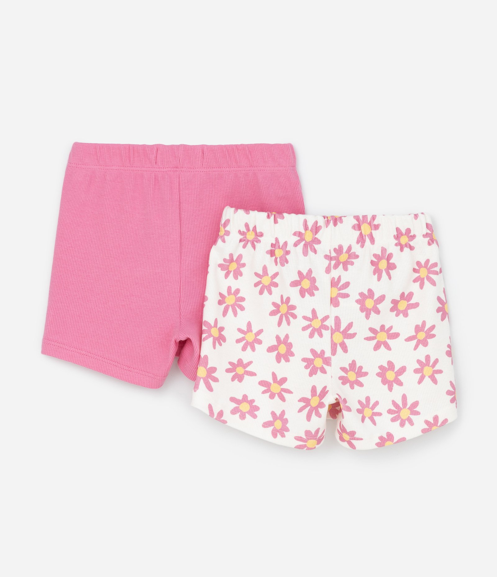 Kit Dois Shorts Infantil Em Ribana Floral E Liso - Tam 1 A 5/6 Branco/Rosa 2
