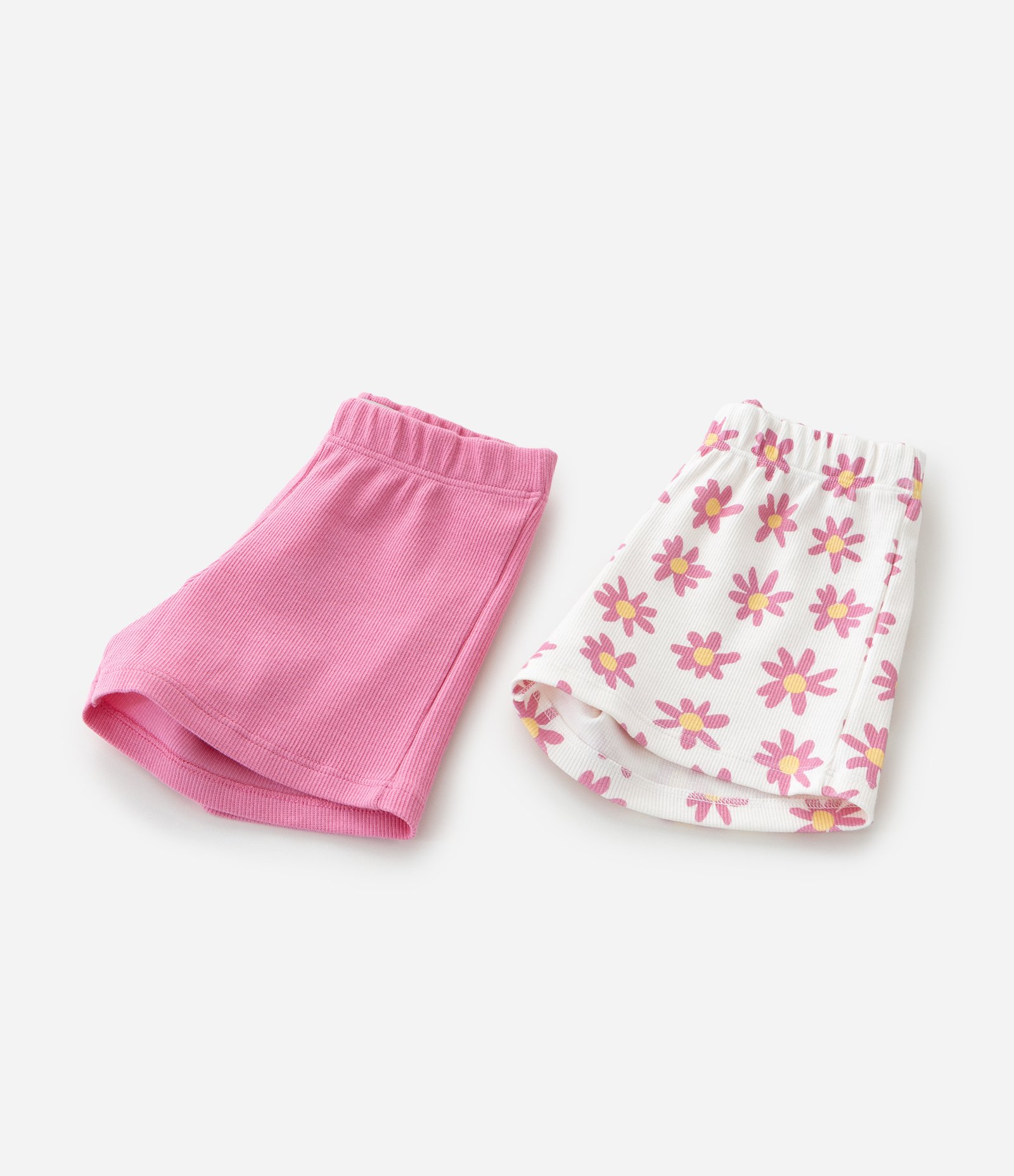 Kit Dois Shorts Infantil Em Ribana Floral E Liso - Tam 1 A 5/6 Branco/Rosa 4