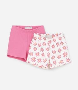 Kit Dois Shorts Infantil Em Ribana Floral E Liso - Tam 1 A 5/6