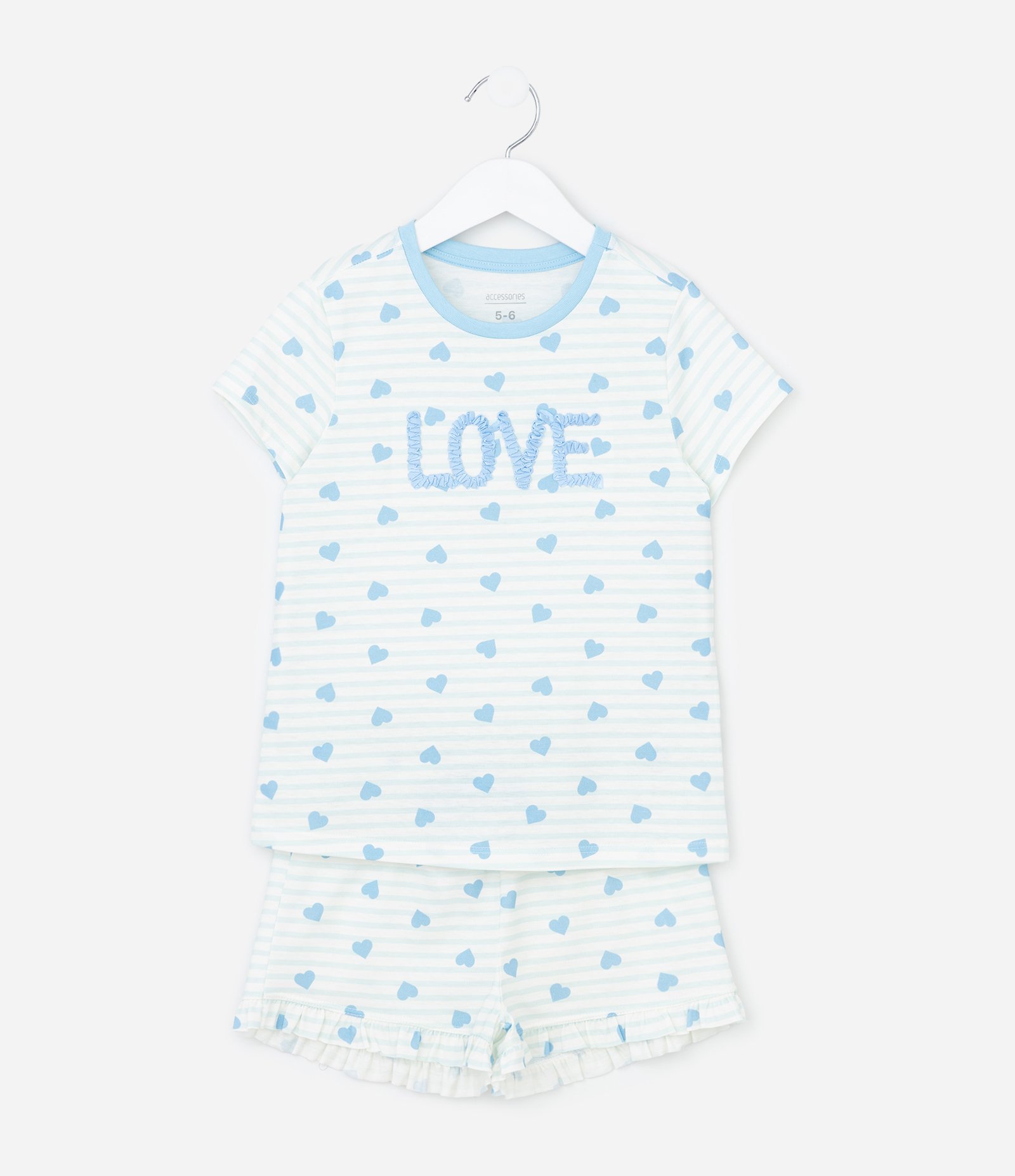 Pijama Infantil Curto com Estampa De Corações e Bordado Love - Tam 2 A 10 Anos Branco/Azul 1