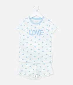 Pijama Infantil Curto com Estampa De Corações e Bordado Love - Tam 2 A 10 Anos