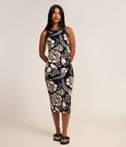 Vestido Midi em Viscose com Estampa Floral Bicolor