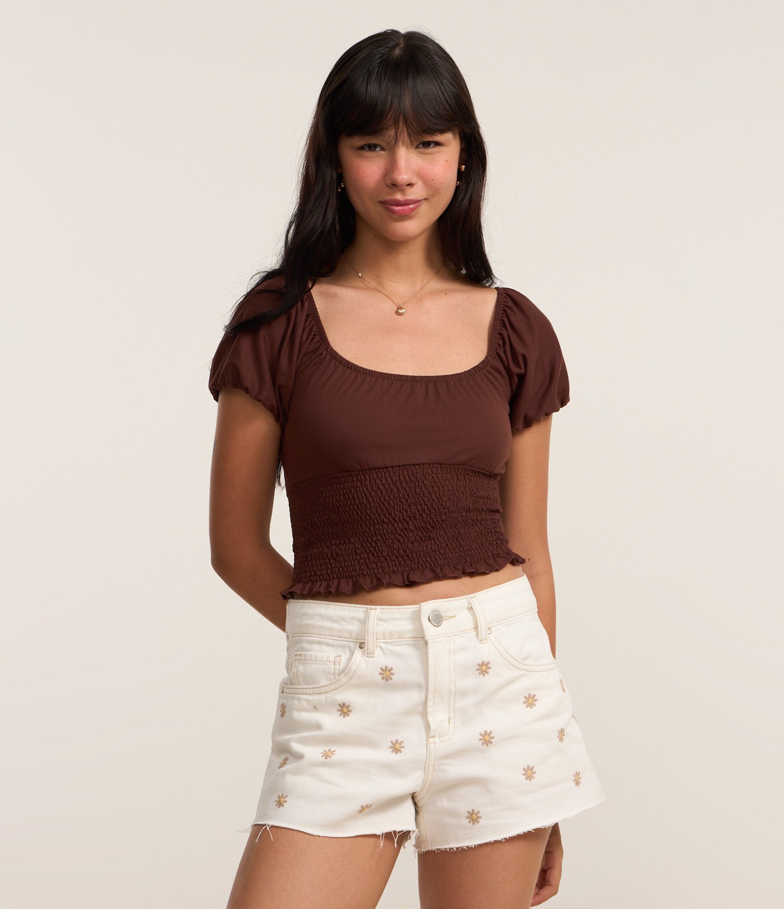 Blusa com Lastex e Manga Bufante Marrom 1