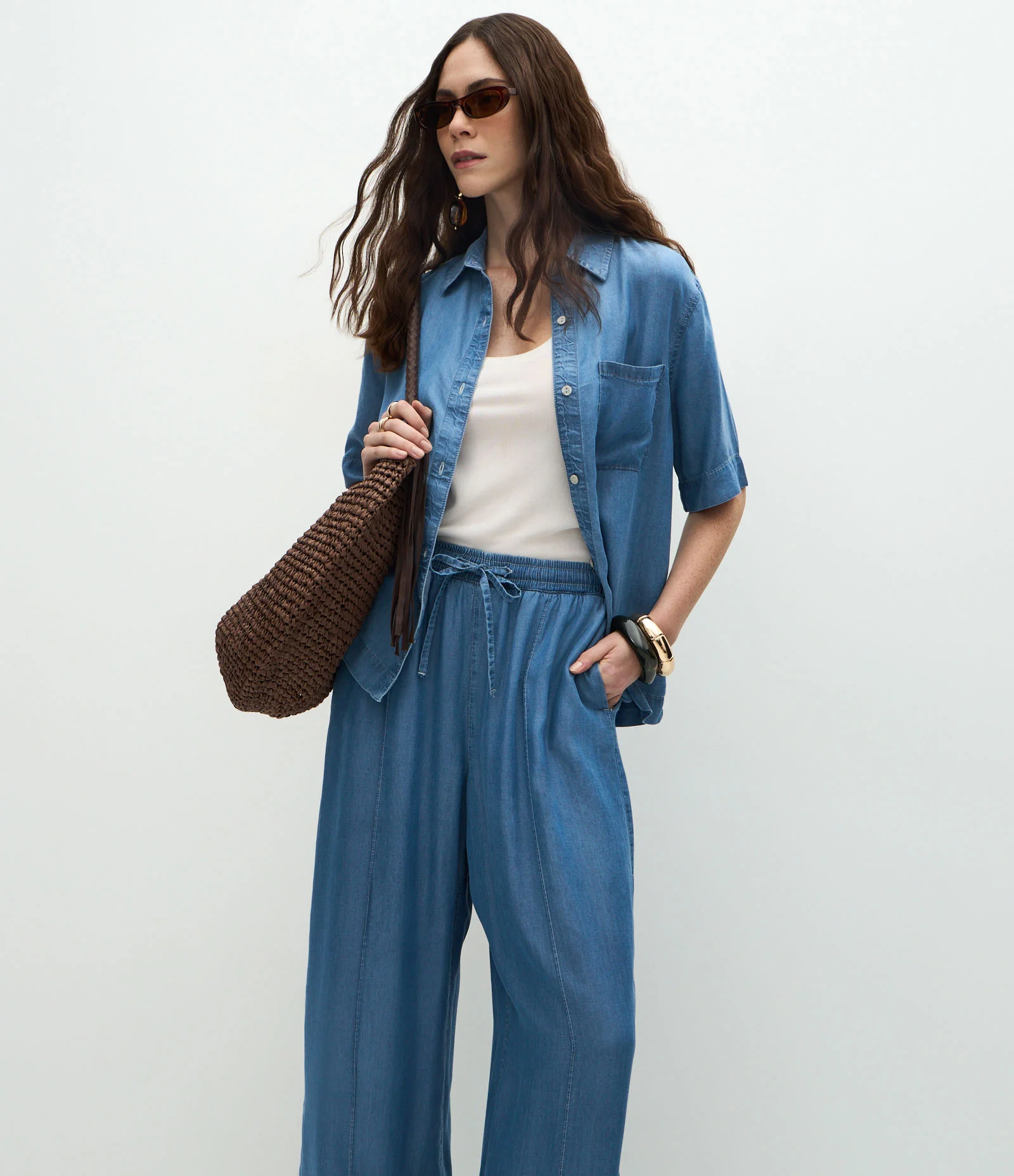 Calça Wide Leg em Liocel com Nervura Azul 2