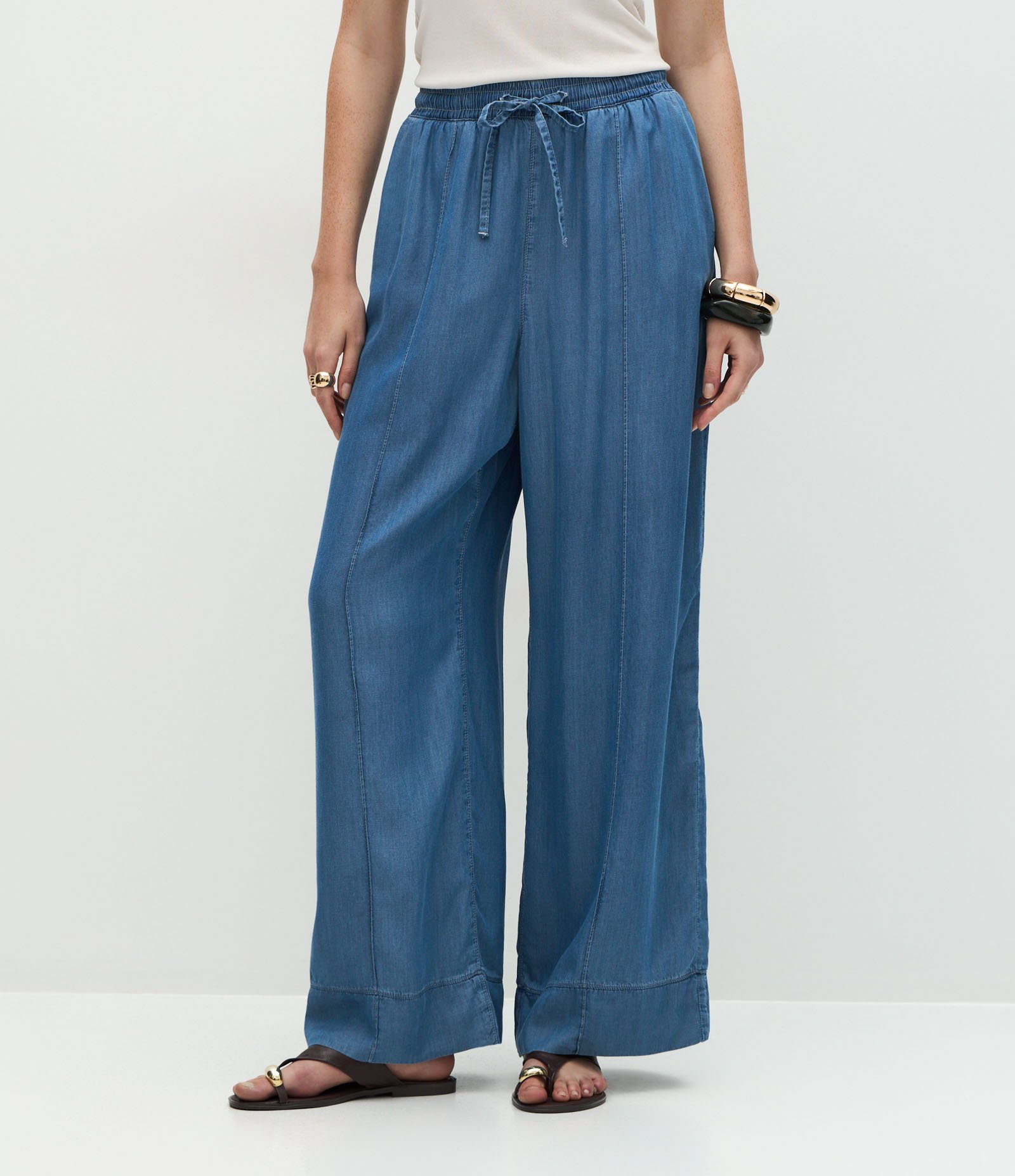Calça Wide Leg em Liocel com Nervura Azul 3