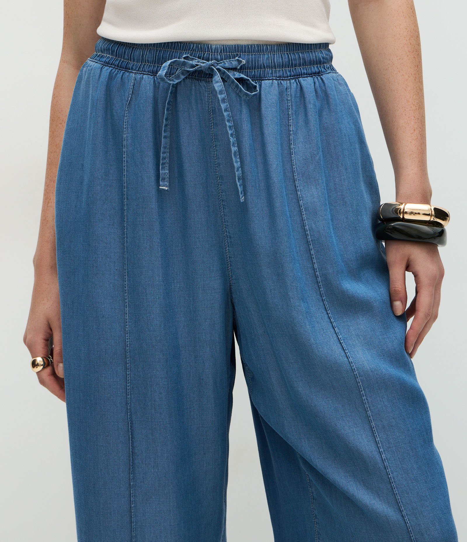 Calça Wide Leg em Liocel com Nervura Azul 4