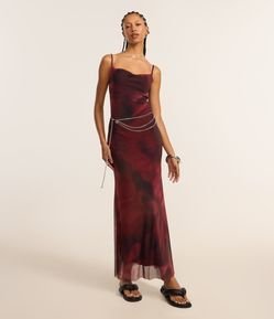 Vestido Long Midi em Tule com Estampa Floral Blur